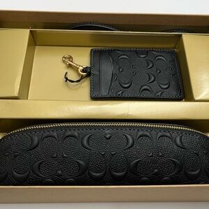 COACH Boxed Pencil Case & ID Lanyard Set in Signature Black Leather - NEW in Box